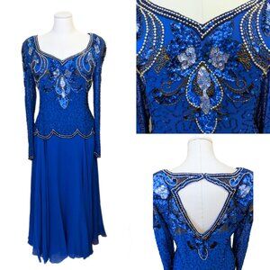 Vintage Augustat 80s Beaded Prom Gown Dress Art Deco Sequined Formal Sz 42/L